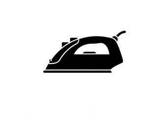 A simple black and white silhouette of an iron with a handle and cord on a white background space for text