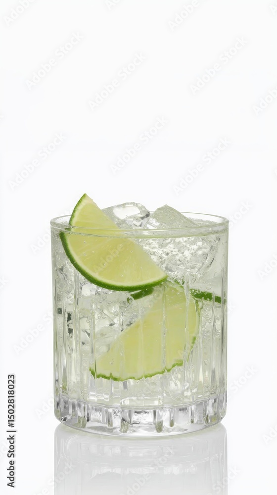 Poster chilled sparkling water with lime wedges and ice cubes, presenting crisp refreshment on pristine whi
