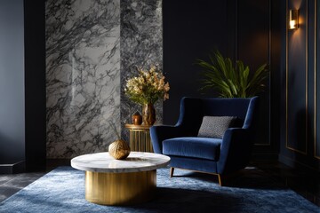Elegant, dark-toned living room with marble accents and a luxurious armchair.