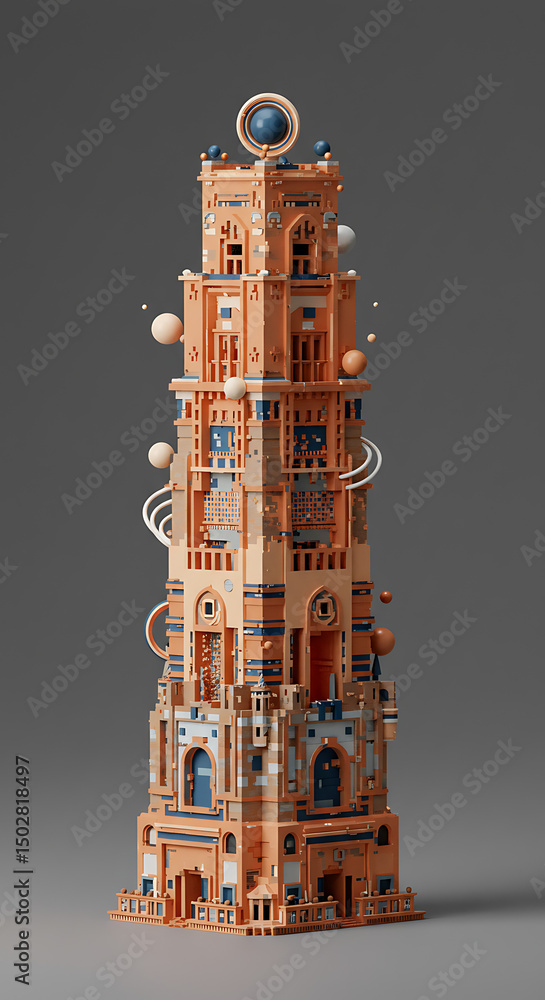 Aufkleber abstract architectural tower 3d render of futuristic orange blue building with floating spheres