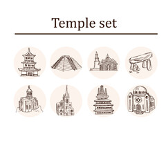 Temple hand drawn doodle set. Isolated elements on white background. Symbol collection.