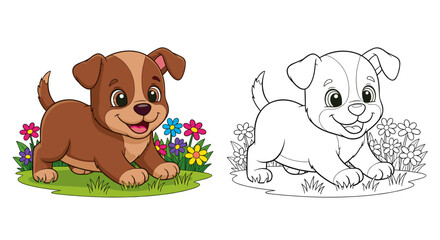 Cute puppy playing among colorful flowers in a cheerful scene. Coloring book or page with colored example.