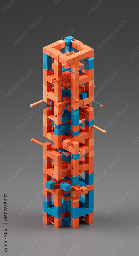 Aufkleber abstract 3d render of complex interlocking orange and blue cubes geometric structure modern