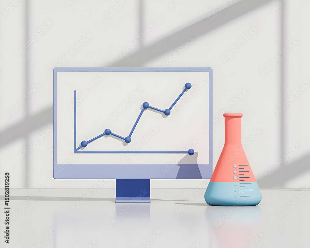 Poster computer screen displaying upward trend graph with erlenmeyer flask