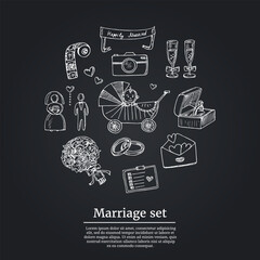 Marriage hand drawn doodle set. Vector illustration. Isolated elements on white background. Symbol collection.