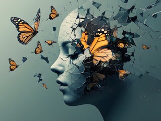 Metamorphosis of the Mind: A surreal digital artwork portrays a human profile, the head fracturing to reveal butterflies, symbolizing transformation and mental freedom. 