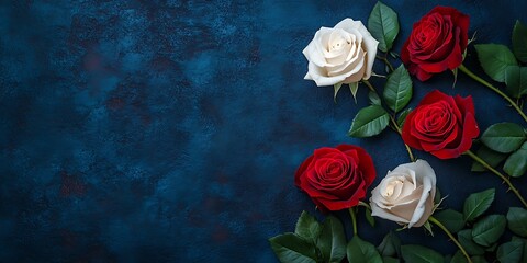 Rose wall on the right side with flat pillars, dark blue background, featuring red and white roses, floral decoration, elegant design