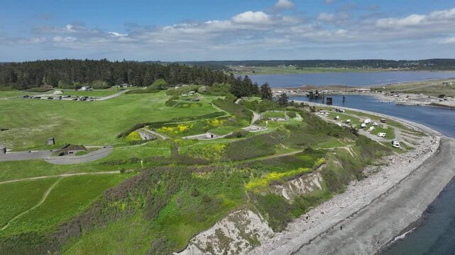 Aerial view of Fort Casey's beachfront lookout in Washington State.