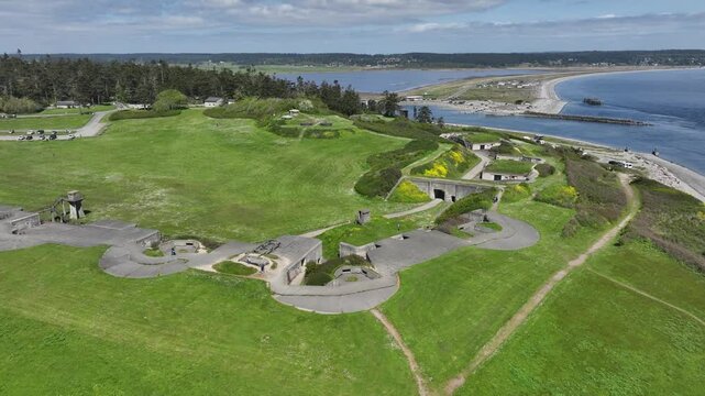 Orbiting drone shot of the Fort Casey military bunker on Whidbey Island.