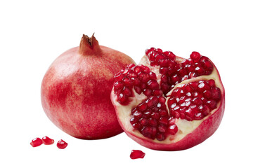 Pomegranate Whole and Opened with Arils on Transparent Background