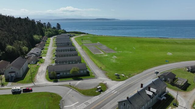 Drone shot of Fort Casey's military barracks overlooking the Puget Sound.