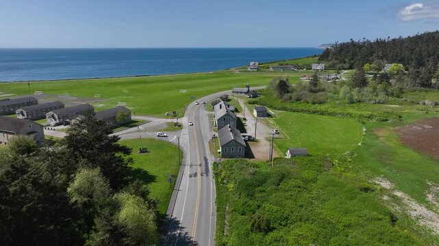 Drone shot passing over Fort Casey's mess hall on Whidbey Island.