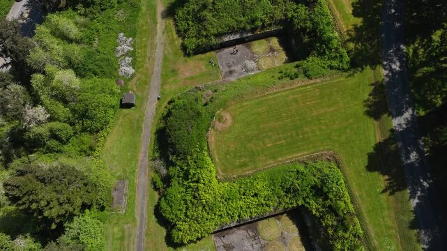 Top down drone shot of Fort Casey's retired bunkers in Washington State.