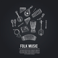 Folk music isolated hand drawn doodles Vector set