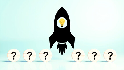 Rocket with Idea Lightbulb Among Question Marks