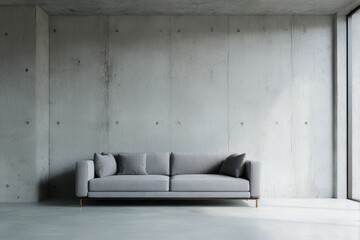 Modern gray sofa in a minimalist concrete interior.