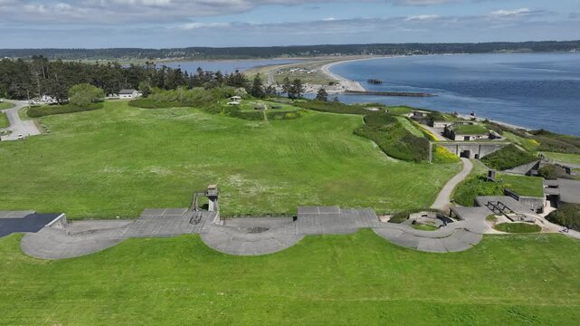 Drone shot of Whidbey Island's Fort Casey on a sunny day.