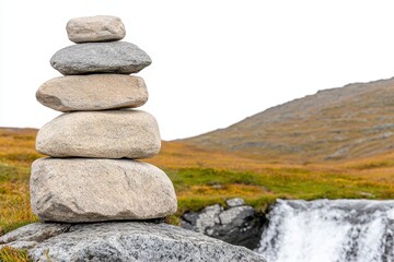 Zen Rock Stack Waterfall Serene Hillside with Green and Yellow Foliage