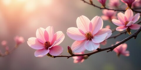 Obraz premium Delicate Pink Blossoms Illuminated by the Warm Glow of Sunrise on a Branch