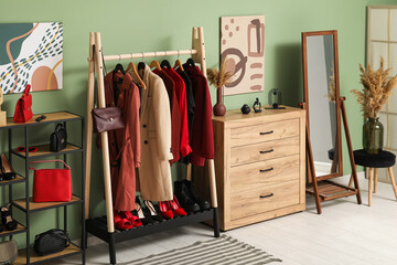 Stylish interior of modern dressing room with female clothes, shoes and pampas grass