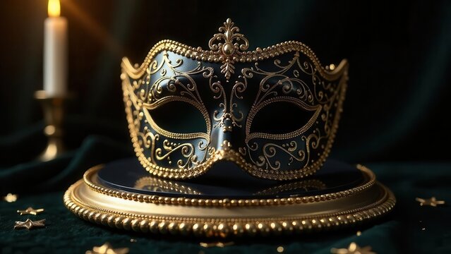 An ornate masquerade ball mask, elegantly displayed on a golden pedestal, bathed in the soft glow of candlelight, evokes a sense of mystery and elegance.