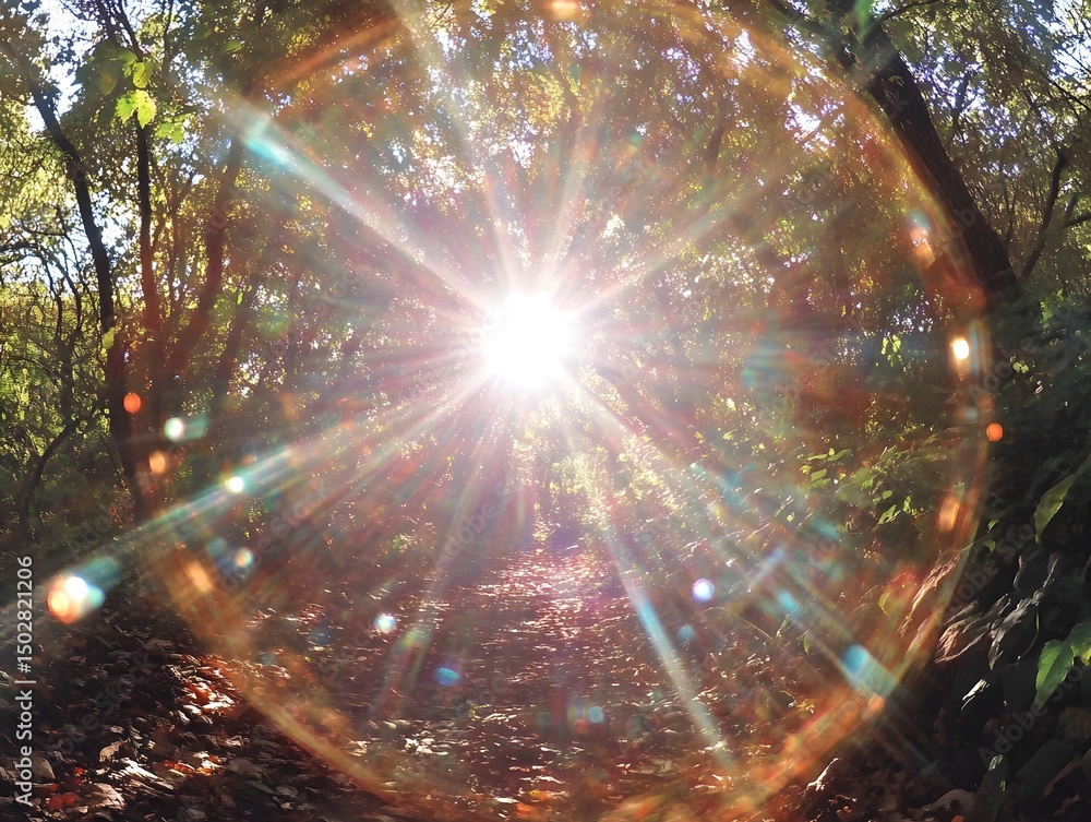 Poster sunlight forest: the sun, piercing through a dense canopy of trees, casts a brilliant display of lig