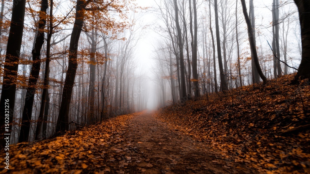 Wall mural misty forest path with fallen leaves leading into fog-covered trees, creating a serene atmosphere