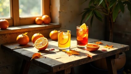 Obraz premium Sunlit autumnal scene featuring refreshing citrus beverages and ripe oranges on rustic wooden table