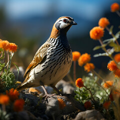 Fototapeta premium Speckled Mountain Quail Amidst Orange Flowers