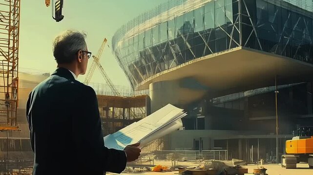 Architect reviewing construction plans for modern building under construction