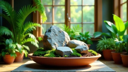Serene Indoor Garden Rockscape Sunlight Illuminates a Tranquil Arrangement of Moss, Stones, and Lush Potted Plants in a Sunlit Room