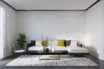 Modern living room with white brick walls and a sectional sofa.