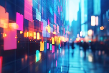 Fototapeta premium Abstract digital display with neon sticky notes in a city street at night