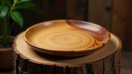 Obraz premium Rustic Wooden Plate Resting on a Tree Stump, a Still Life of Natural Elegance and Simple Beauty