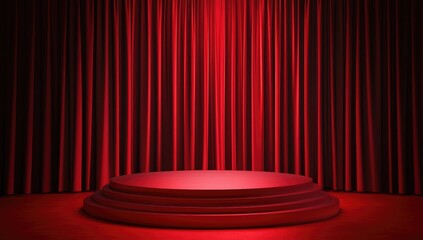 Red stage with tiered podium, lit by spotlight