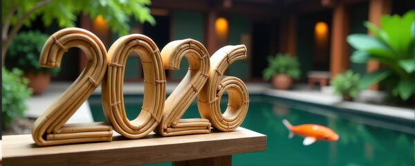 Bamboo 2026 sculpture by poolside with koi in tranquil backyard oasis. new year 2026 horse
