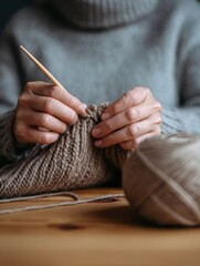 Close-up of hands knitting a cozy sweater with soft yarn on a wooden table, creating warmth