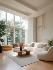 Modern living room with large windows and light-colored furniture.