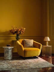 Mustard yellow velvet armchair in a stylish living room.