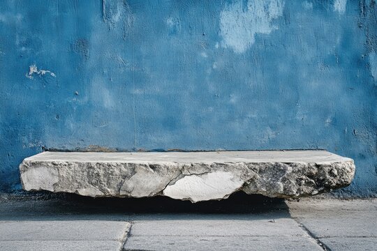 Rough-hewn stone slab against a weathered blue wall - Powered by Adobe