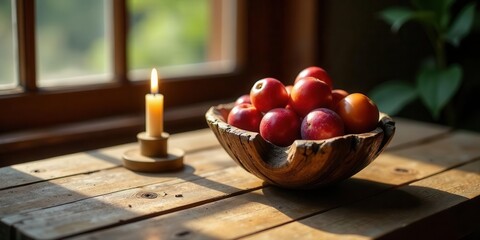 Rustic wooden bowl filled with ripe red fruit sits on a sunlit wooden table next to a burning candle by a window.