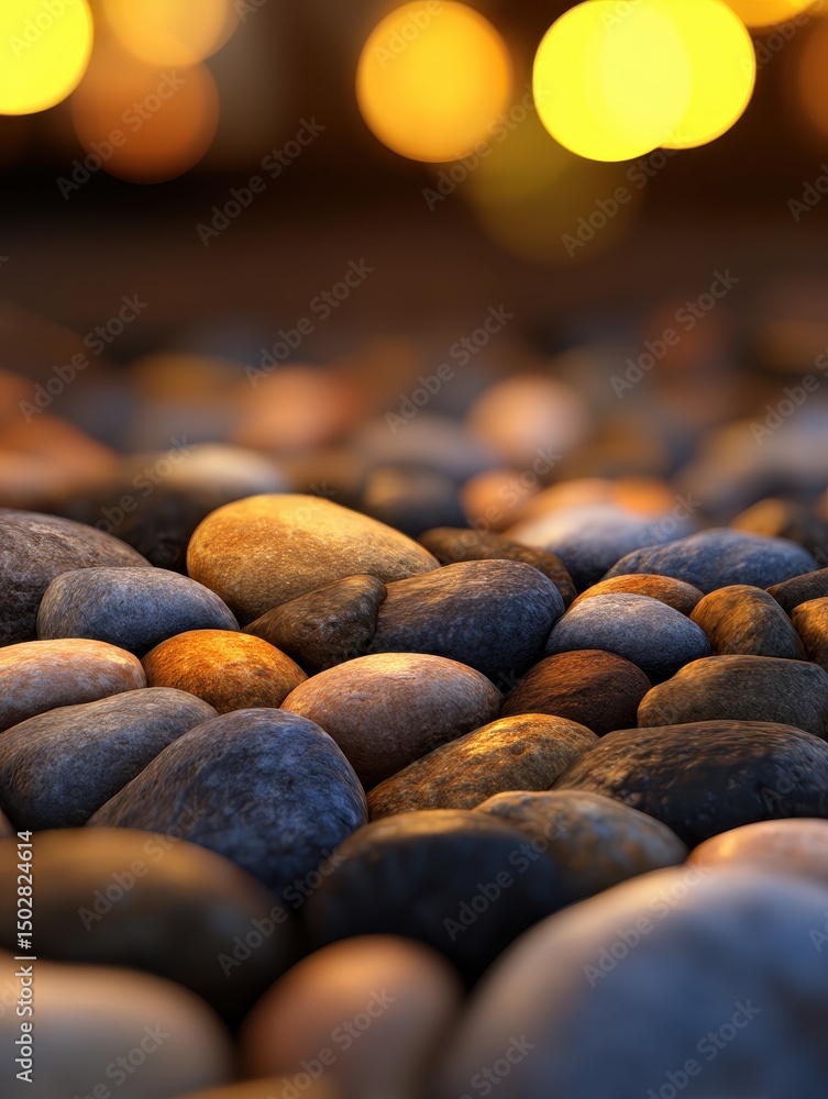 Poster close-up of smooth pebbles on the ground with a blurred warm bokeh background