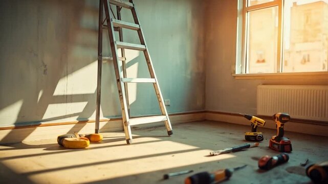 An inviting room undergoes renovation, bathed in the warm glow of sunlight streaming through a window, with tools scattered on the floor. A sturdy ladder stands ready. 