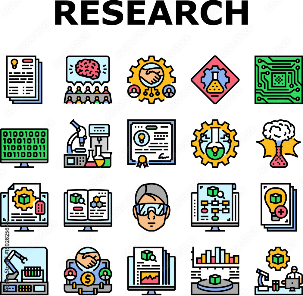 Poster research and development analysis icons set vector