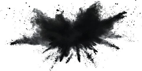 Black powder explosion on white background. Black dust explodes. Paint holi. Black vibrant rainbow holi paint color powder explosion with black colors isolated white background.