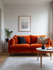 Obraz premium Modern living room with an orange velvet couch and a light gray rug.