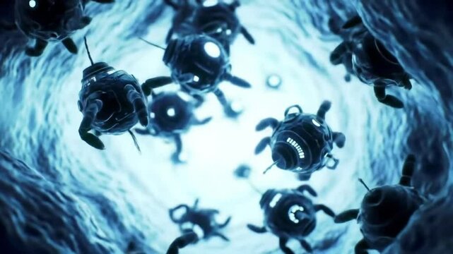 Futuristic flying drones moving in a digital sci-fi environment