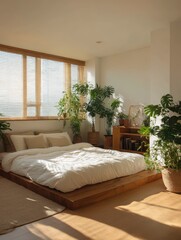 A bedroom with a platform bed, natural light, and plants.
