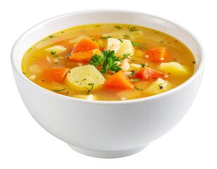 A white bowl of hot and sour vegetable soup, against isolated on a transparent background