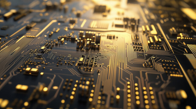 Detailed macro shot of a futuristic circuit board with glowing gold pathways. Shallow depth of field highlights complex electronic components and data flow generative ai